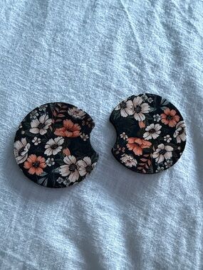 Black Floral Car Coaster Set - Pink & Cream Flower Design